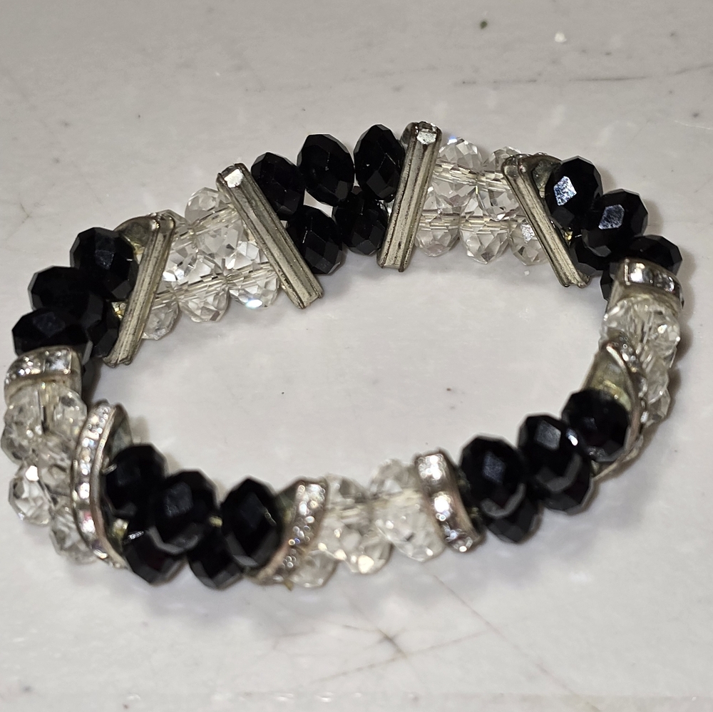 Handmade Black and Clear Two Stand Crystal Bracelet
